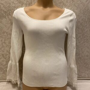White House Black Market Ivory Ribbed Blouse with Lace Bell Sleeves